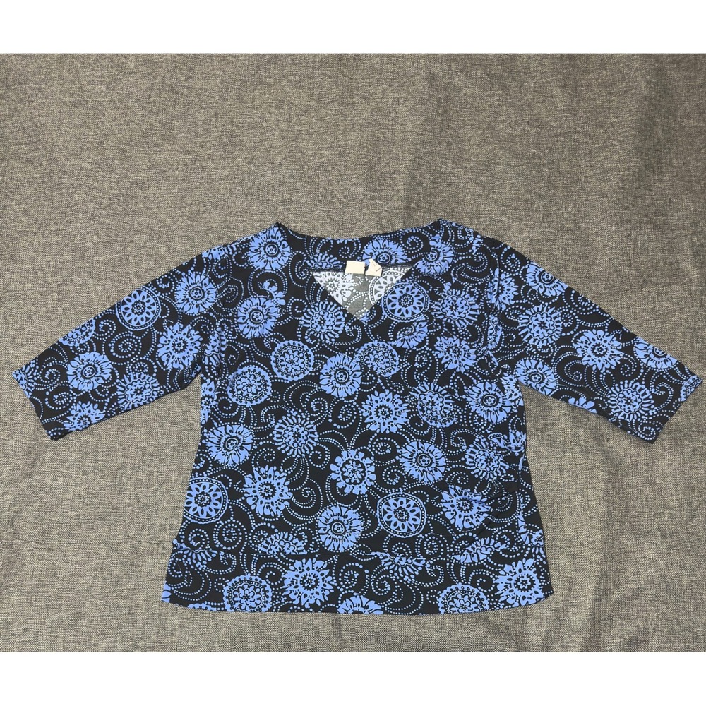 Covington Woman Women's 16-18W Blouse Floral V-Neck‎ 3/4 Sleeve Blue Black